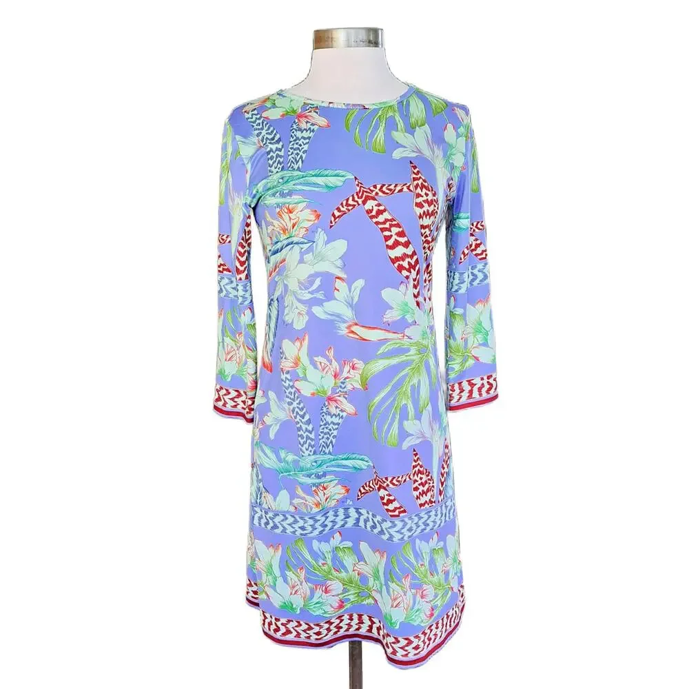 Jean-Peirre Klifa Paris Tropical Floral Print Dress Small 3/4 Sleeve Blue - Picture 1 of 9